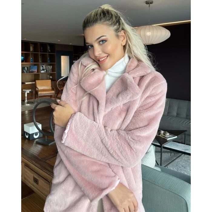 Pembe Şal Yaka İçi Astarlı Rabbit Peluş Kaban