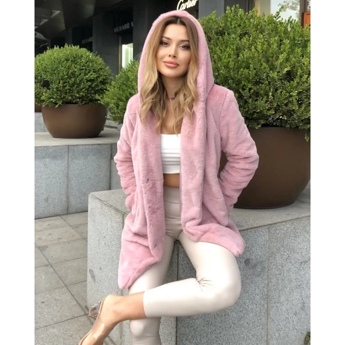 Pudra Kapşonlu İçi Astarlı Rabbit Peluş Kaban