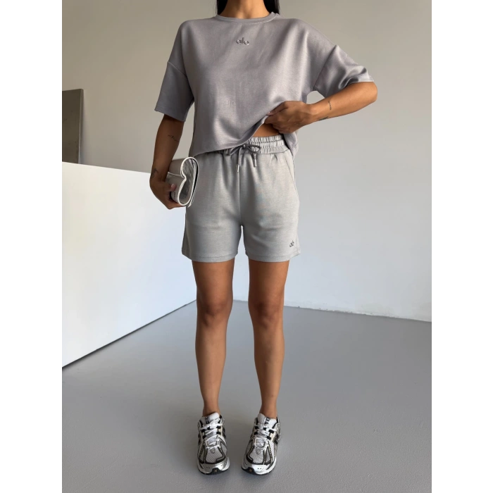 Gri Alo Yoga Modal Crop Şortlu Takım
