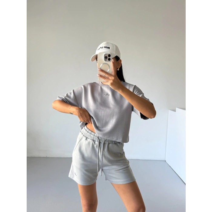 Gri Alo Yoga Modal Crop Şortlu Takım