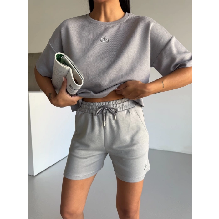 Gri Alo Yoga Modal Crop Şortlu Takım