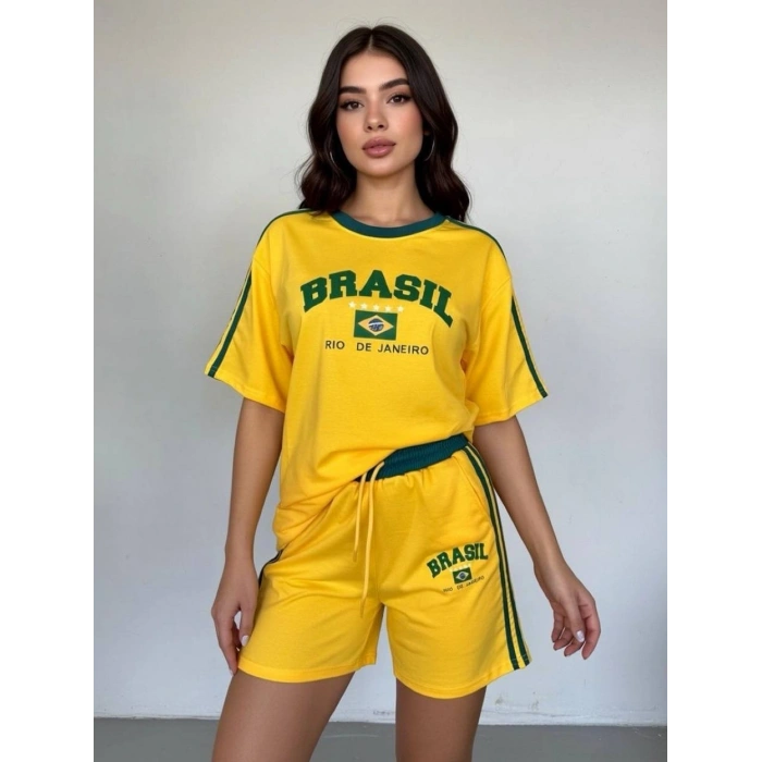 Sarı Brasil Oversize Unisex Şortlu Takım