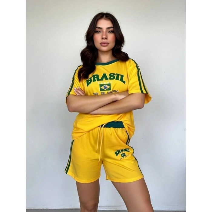 Sarı Brasil Oversize Unisex Şortlu Takım