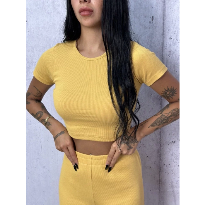 Sarı Palazzo Crop İkili Takım