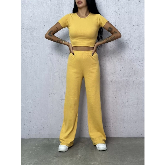 Sarı Palazzo Crop İkili Takım