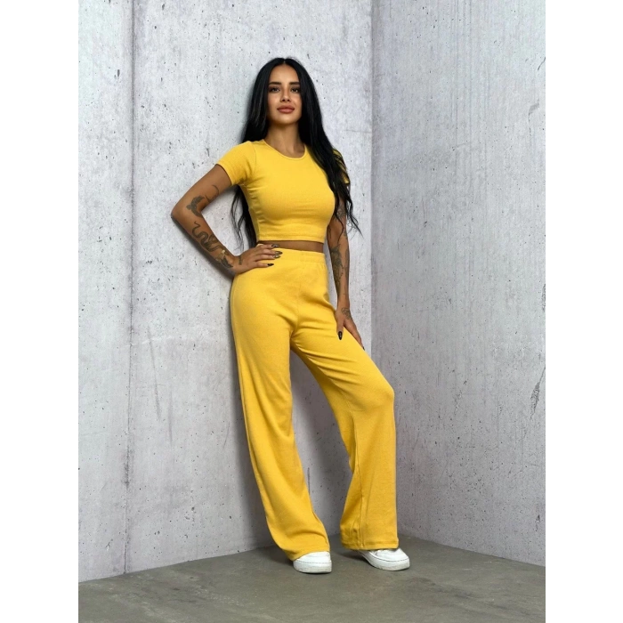 Sarı Palazzo Crop İkili Takım