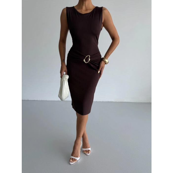 Kahve Toka Detay Midi Boy Dalgıç Elbise