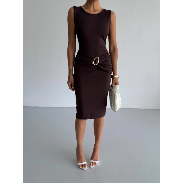 Kahve Toka Detay Midi Boy Dalgıç Elbise