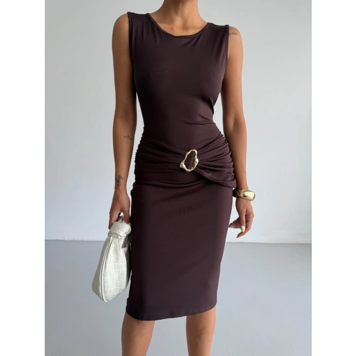 Kahve Toka Detay Midi Boy Dalgıç Elbise