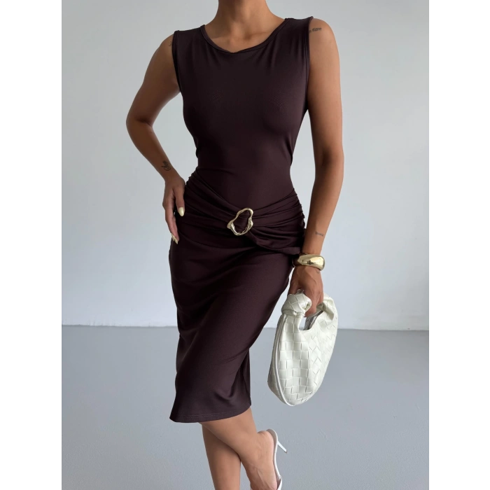 Kahve Toka Detay Midi Boy Dalgıç Elbise