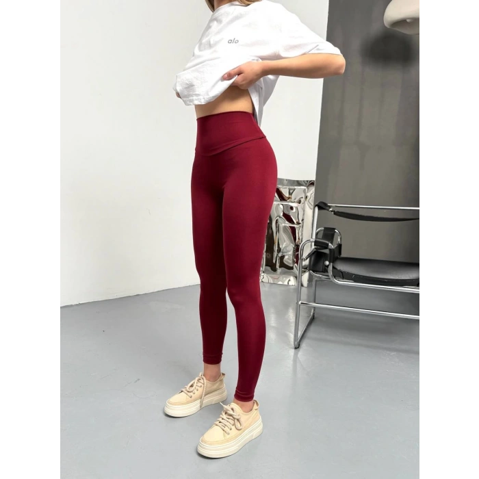 Bordo Alo Bilek Baskılı Sıkılaştırıcı Yüksek Bel Tayt