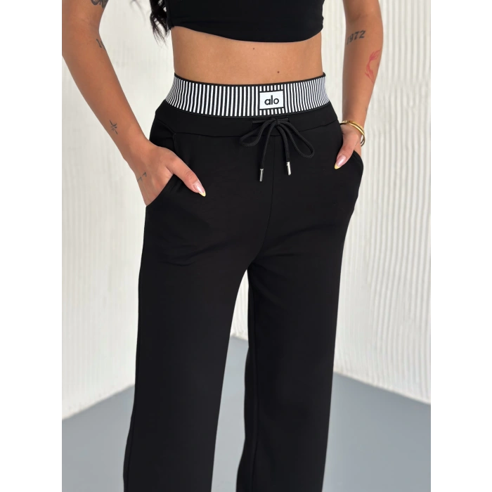 Siyah Alo Çizgili Ribana Pantolon
