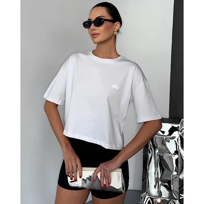 Beyaz Alo Ön Arka Baskı Oversize Penye Tshirt