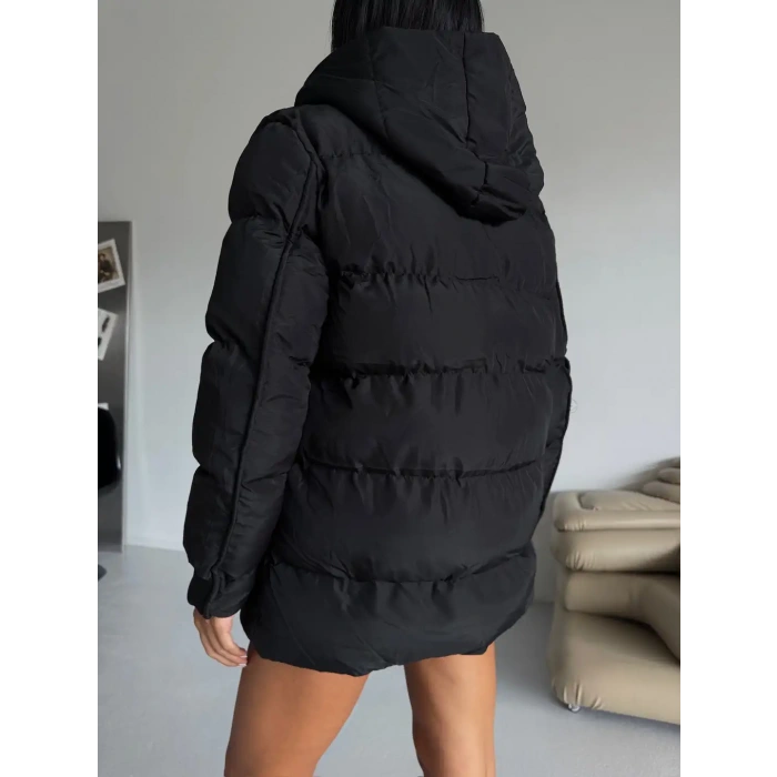 Siyah Alo Oversize Kapşonlu Şişme Mont