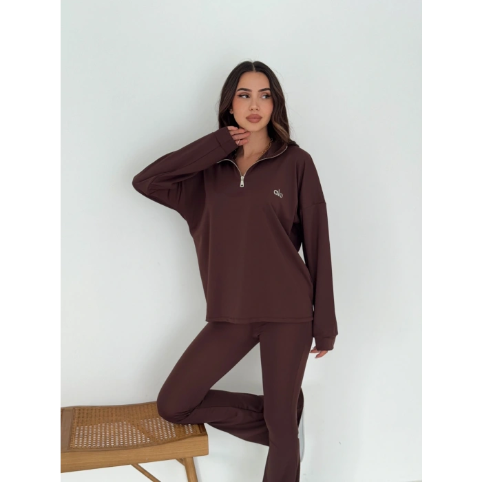 Kahve Power Likra Dalgıç İspanyol Taytlı Takım