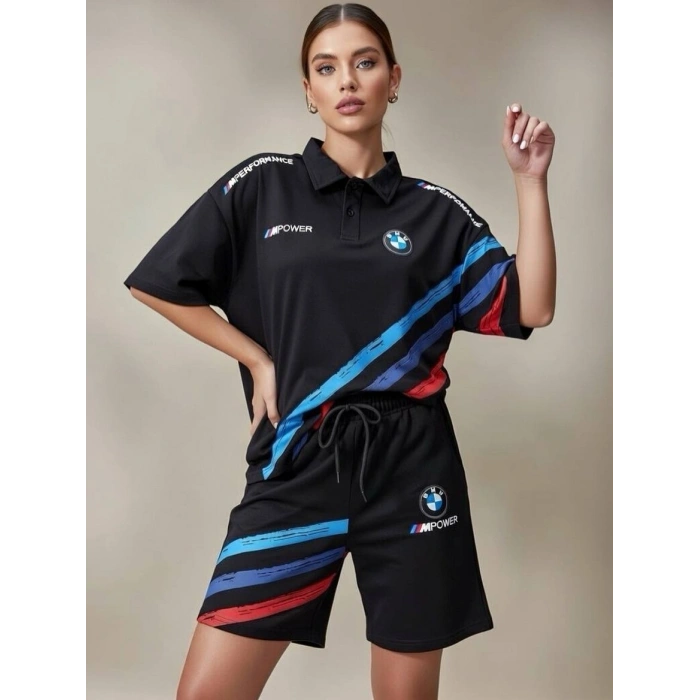 Siyah BMW Şeritli Penye Kumaş Şortlu Takım