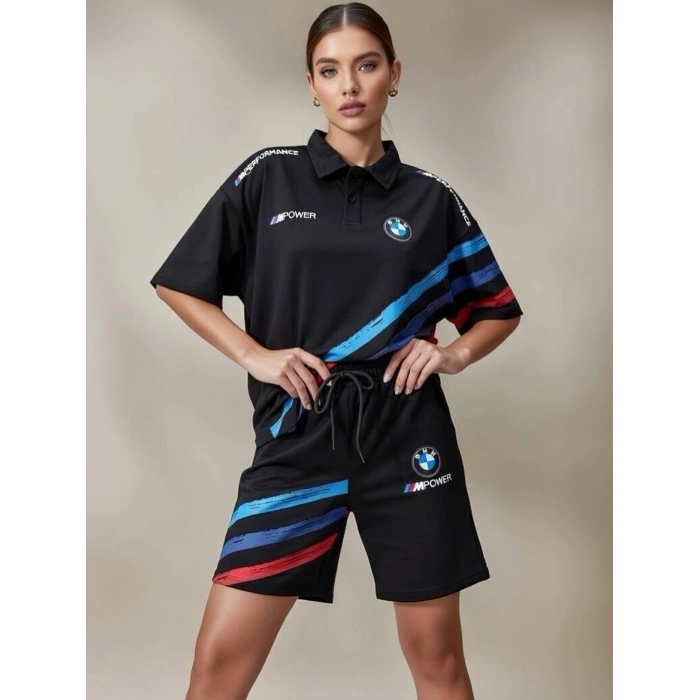 Siyah BMW Şeritli Penye Kumaş Şortlu Takım