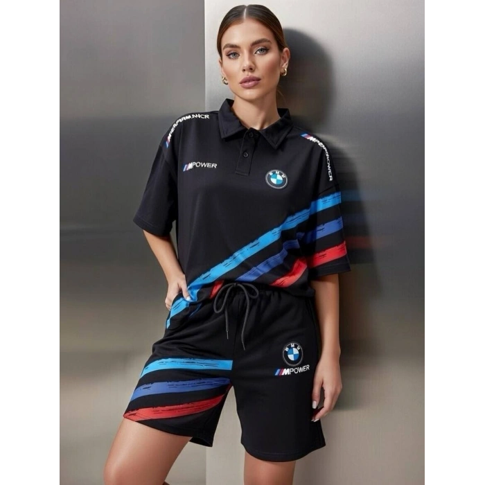 Siyah BMW Şeritli Penye Kumaş Şortlu Takım