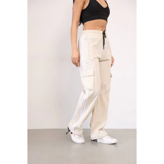 Krem Çift Şerit Kargo Cep Paraşüt Eşofman