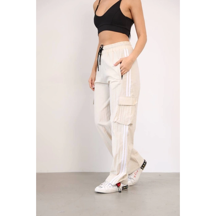 Krem Çift Şerit Kargo Cep Paraşüt Eşofman