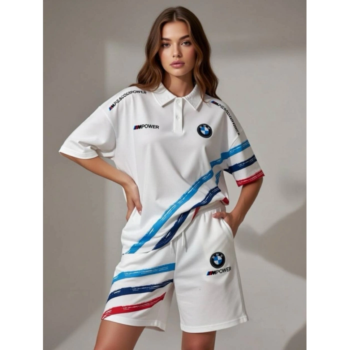 Beyaz BMW Şeritli Penye Kumaş Şortlu Takım
