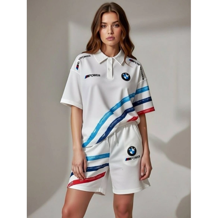 Beyaz BMW Şeritli Penye Kumaş Şortlu Takım