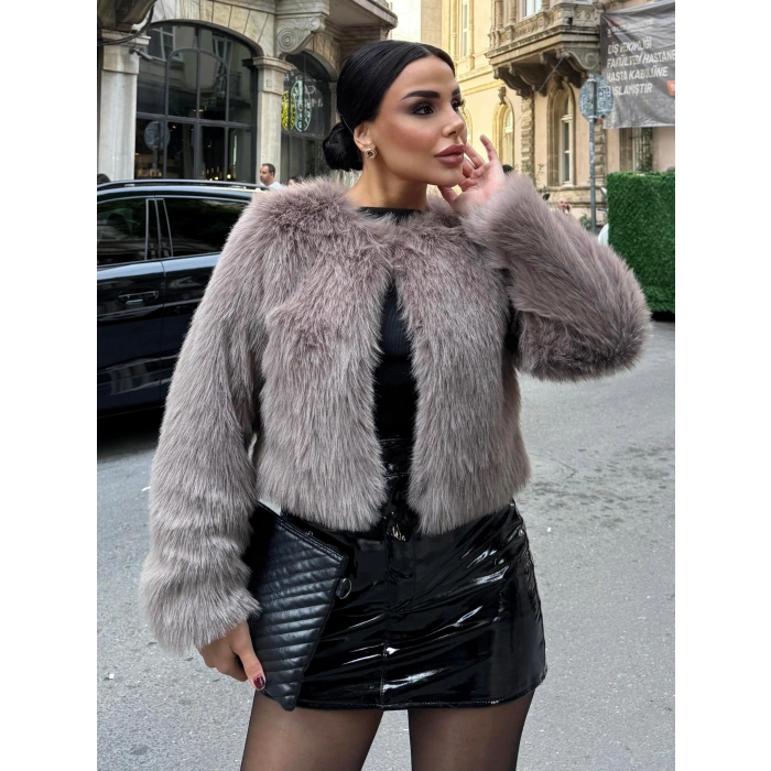 Vizon Düz Yaka Crop İthal Kürk