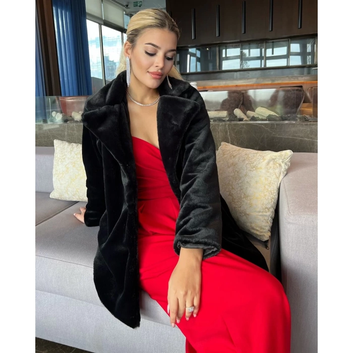 Siyah Şal Yaka İçi Astarlı Rabbit Peluş Kaban