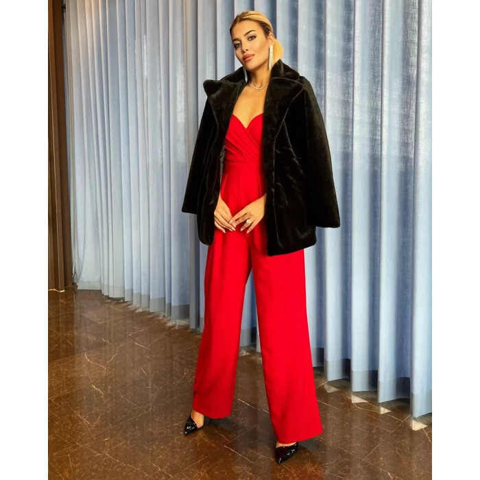 Siyah Şal Yaka İçi Astarlı Rabbit Peluş Kaban