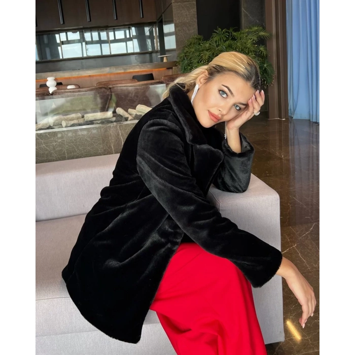 Siyah Şal Yaka İçi Astarlı Rabbit Peluş Kaban