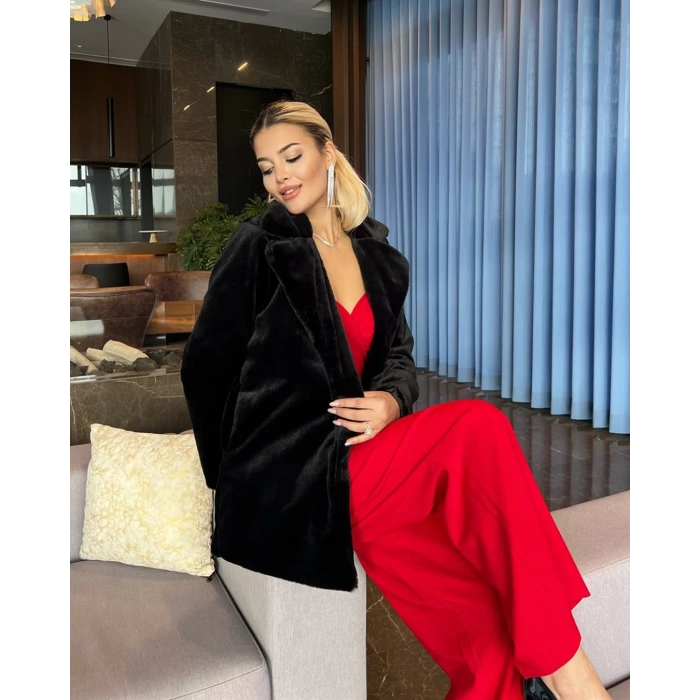 Siyah Şal Yaka İçi Astarlı Rabbit Peluş Kaban