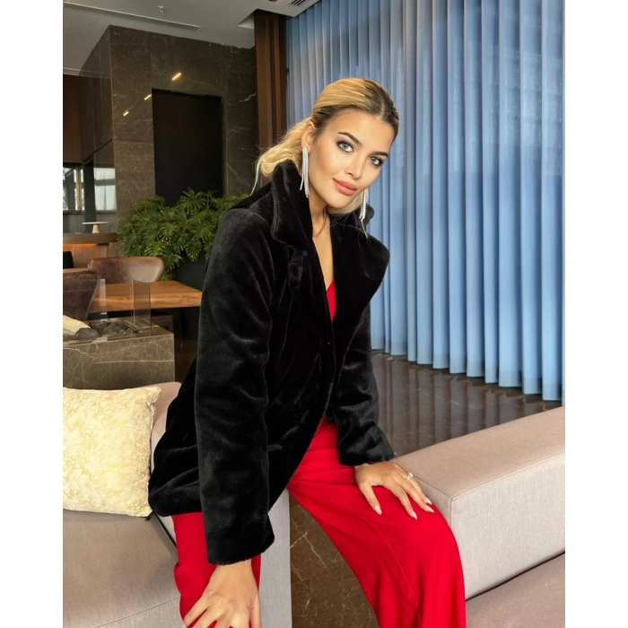 Siyah Şal Yaka İçi Astarlı Rabbit Peluş Kaban