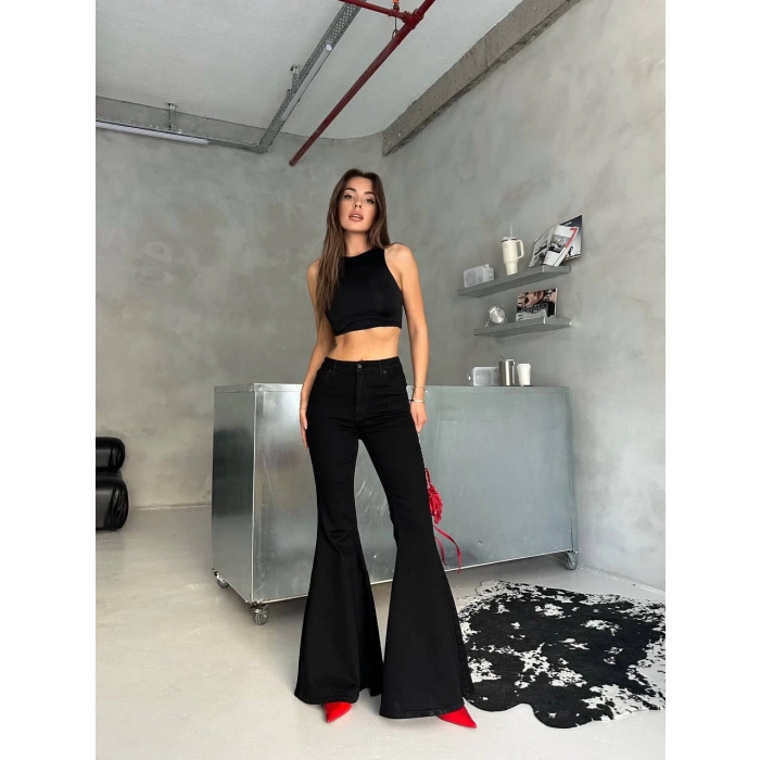 Siyah İspanyol Paça Likralı Kot Pantolon