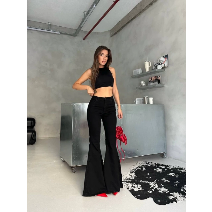 Siyah İspanyol Paça Likralı Kot Pantolon