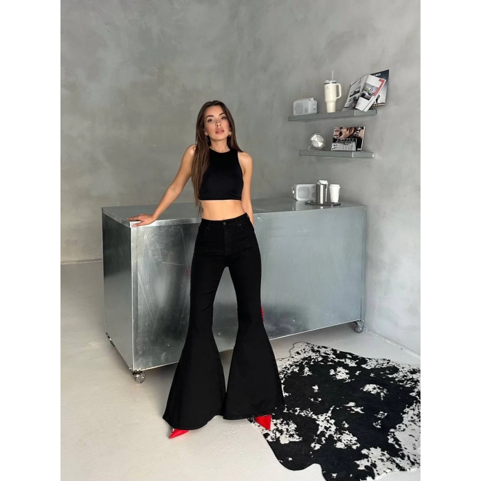 Siyah İspanyol Paça Likralı Kot Pantolon