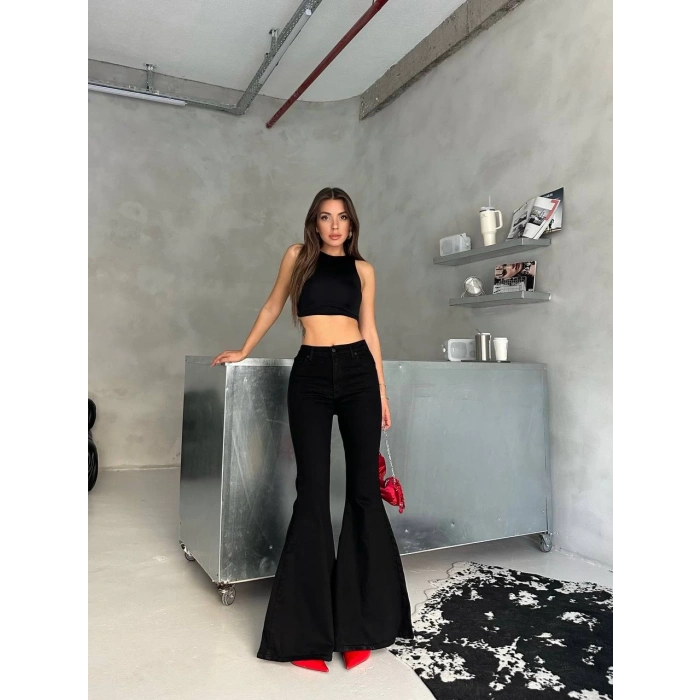 Siyah İspanyol Paça Likralı Kot Pantolon