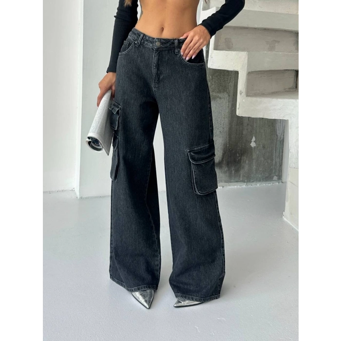 Siyah Kargo Cep Oversize Kot Pantolon