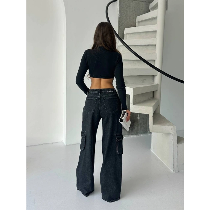 Siyah Kargo Cep Oversize Kot Pantolon