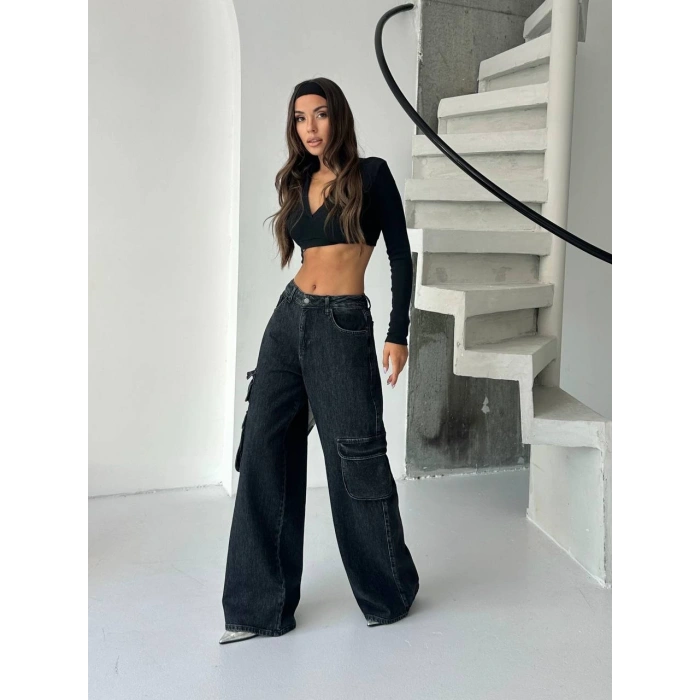 Siyah Kargo Cep Oversize Kot Pantolon