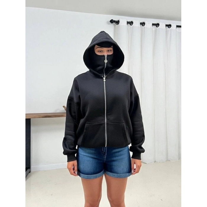 Siyah Musk Üç İplik Oversize Kapşonlu Sweat