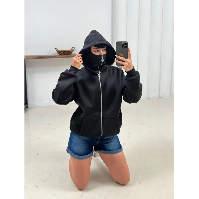 Siyah Musk Üç İplik Oversize Kapşonlu Sweat