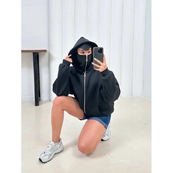 Siyah Musk Üç İplik Oversize Kapşonlu Sweat