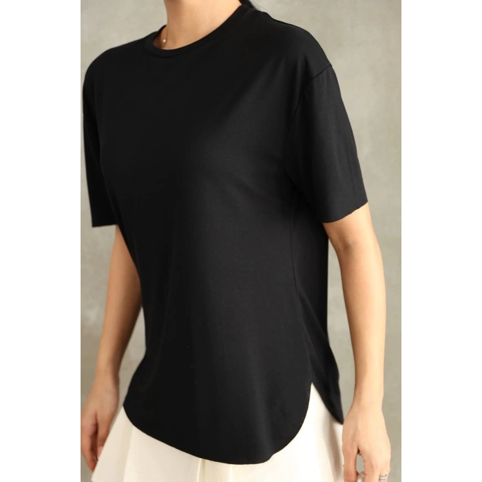 Siyah Oysho Yırtmaçlı Modal Oversize Tshirt