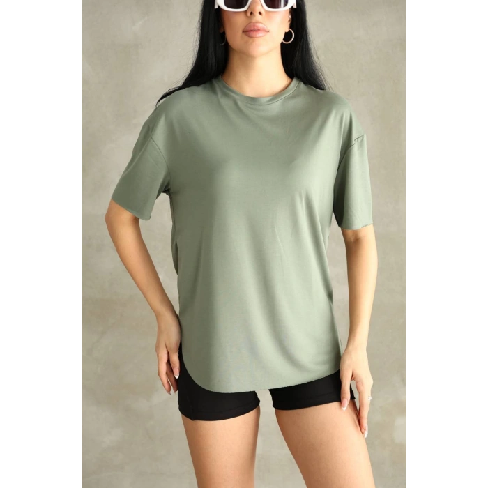 Haki Oysho Yırtmaçlı Modal Oversize Tshirt