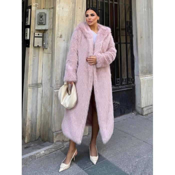 Pembe Kapşonlu Uzun İthal Kürk
