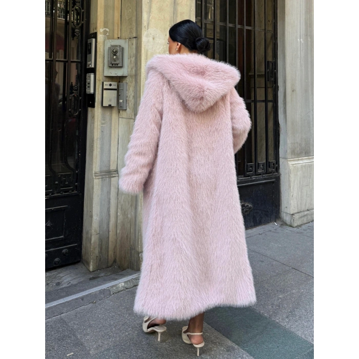 Pembe Kapşonlu Uzun İthal Kürk