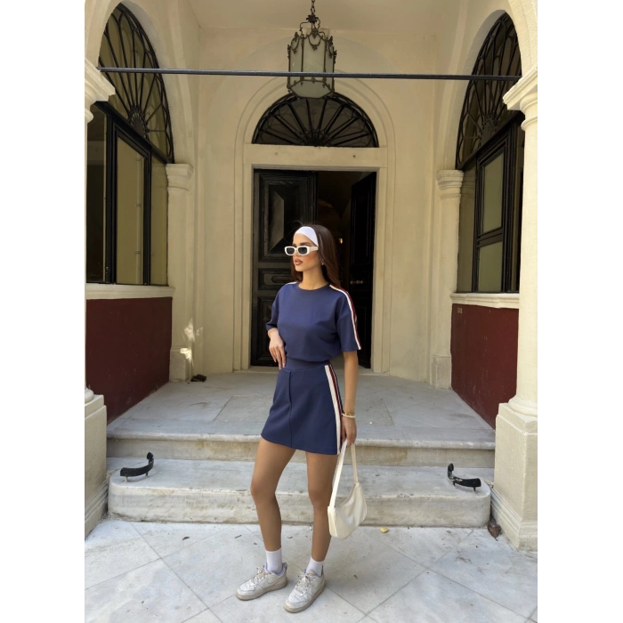 Lacivert Şeritli Şort Etekli Modal Takım