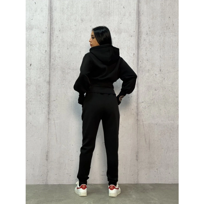 Siyah Üç İplik Kapşonlu Eşofman Takımı