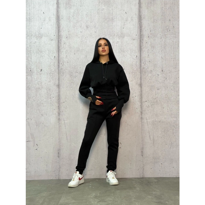 Siyah Üç İplik Kapşonlu Eşofman Takımı