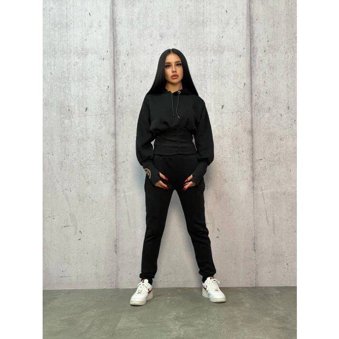 Siyah Üç İplik Kapşonlu Eşofman Takımı